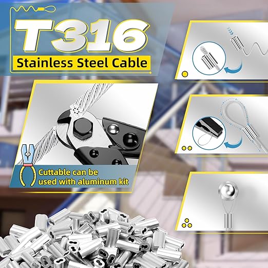 316 Stainless Steel Cable, 800FT 1/32IN Wire Rope with 200Pcs Aluminum Sleeves Stops, for String Lights Hanging, Clotheslines, Trellis Wire