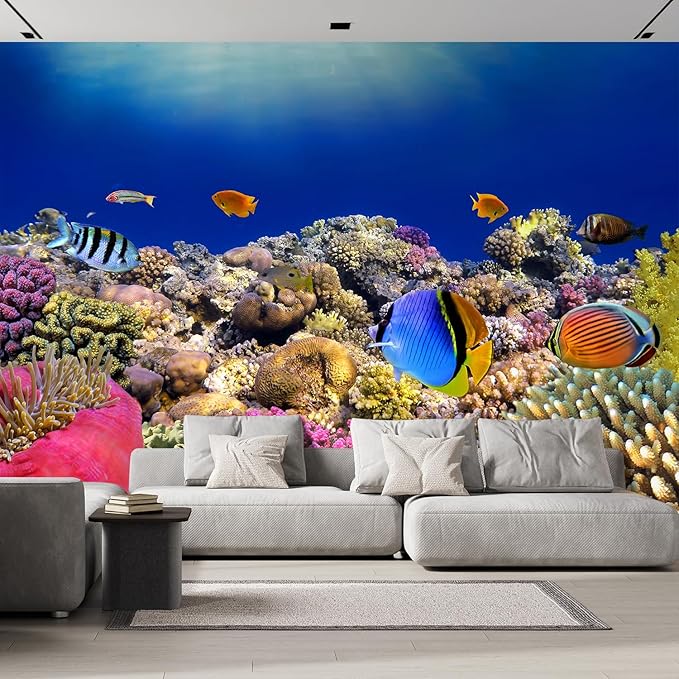 wall26 Wall Sticker/Wall Mural Tropical Blue Fish Coral Reef Ocean Seascape Nature Wilderness, Not Peel and Stick, Non-Woven Wallpaper Decorative for Bedroom, Living Room,Office - 132x120 inches