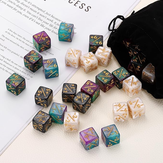 uxcell 24Pcs Magic Dice Counters, Acrylic D6 Life Token Dice Set with Pouch for Standard Cards Gaming Accessories, White Marble
