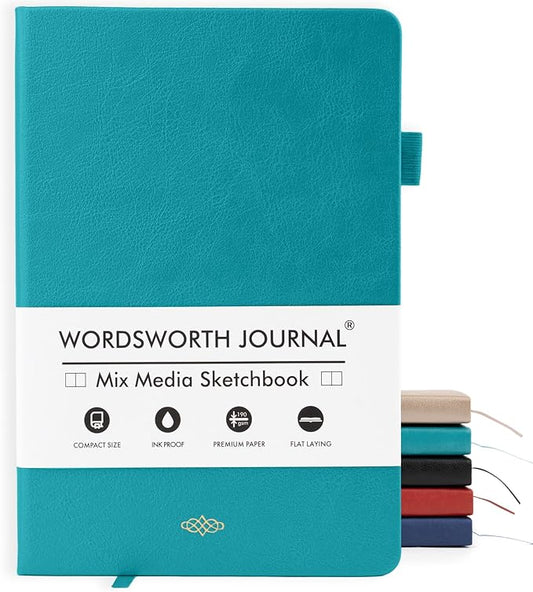 Wordsworth & Black A5 Mixed Media Journal 96 Mix Pages, Hardcover Leather, 190 GSM Paper, Journaling Notebook for Work & Sketching, Journals for Women, Men - Gifts Box Included Turquoise