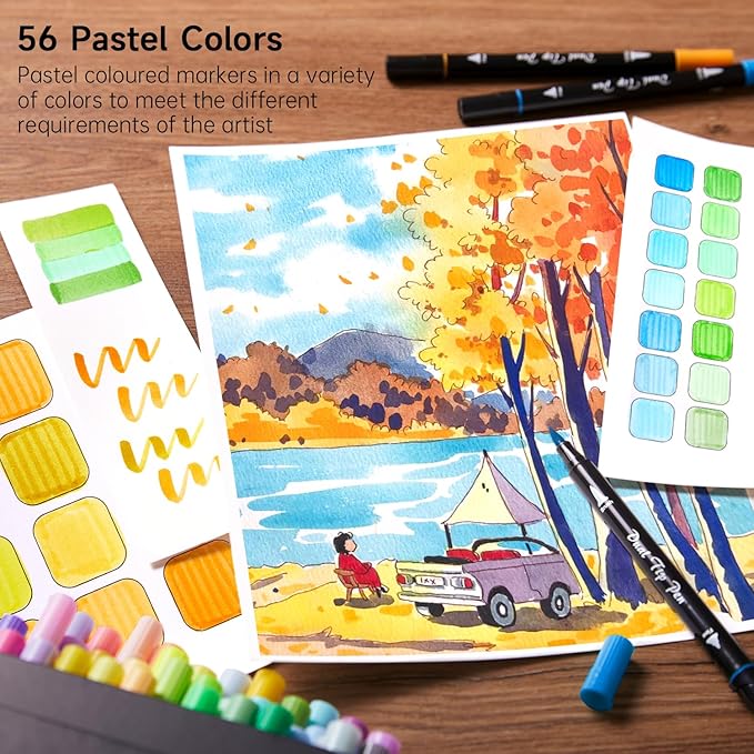 Shuttle Art Pastel Brush Pens, 56 Pastel Colouring Pens, Dual Tip Brush Markers with Fineliner Tip, Drawing Felt Tip Pens for Adults Colouring Books, Painting Sketching Calligraphy and Journaling