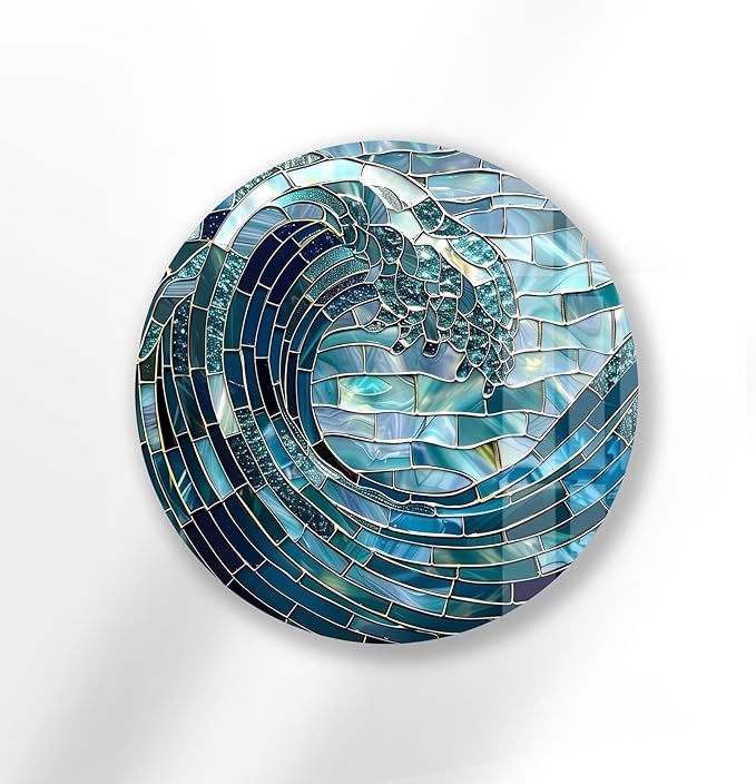 My Photostation.com 39,4''(100cm) Diameter Ocean Wave in Blue Mosaic Round Glass Wall Art Tempered Glass Printing Wall Decor Large Wall Art Wall Hangings