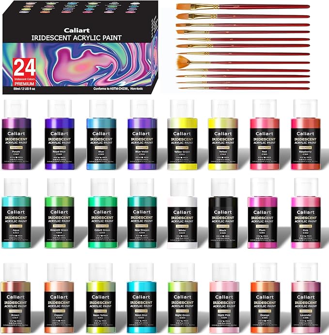 Caliart Iridescent Acrylic Paint with 12 Brushes, 24 Colors (59ml, 2oz) Art Craft Paints for Adults Artists Beginners Painters, Halloween Decorations Canvas Ceramic Wood Rock Painting Kit