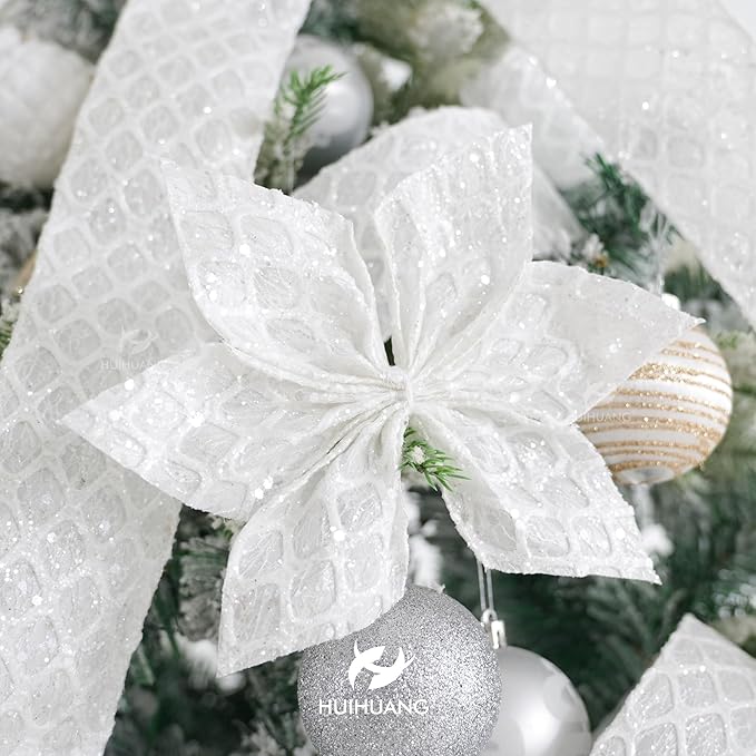 HUIHUANG White Glitter Wired Ribbon, 4 Inch x 30 Ft, Geometric Pattern, Polyester Material, Christmas Occasion