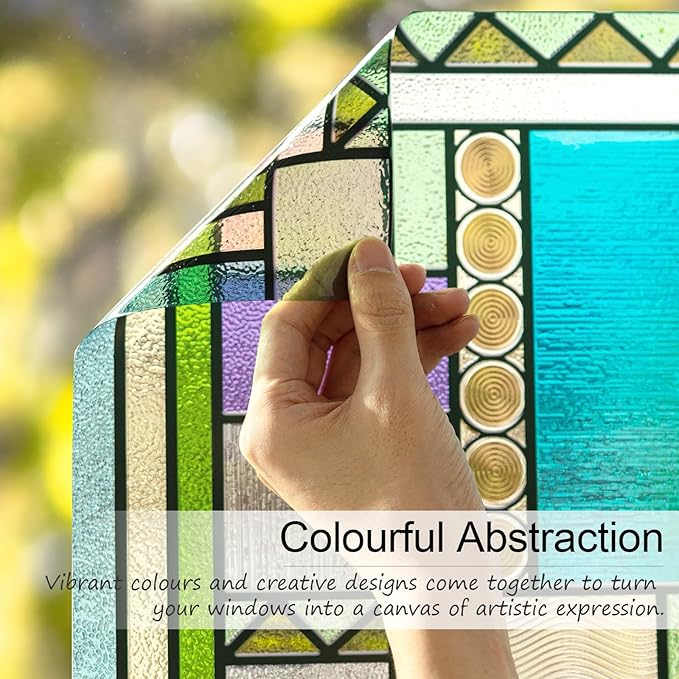 LuminManta 3D Stained Glass Window Privacy Film, Heat Control UV Blocking Static Cling Decorative Window Film for Bathroom,Front Door,Home Non Adhesive 23.6 x 35.4 inches Colorful Abstraction