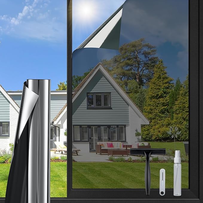 DOWELL One Way Window Privacy Film with 3 Tools Window Tint for Home Sun Blocking Heat Control Anti UV Reflective Mirror Covering See Out Not in for House and Office Black Silver 17.5" X 78.7"