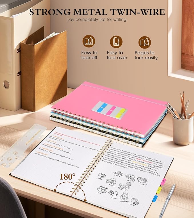 Dotted Notebook, Spiral Notebook Journal 8.5” x 11”, A4 Large Dot Grid Notebooks for Women Men, 100 GSM Dotted Paper, Plastic Hardcover Spiral Bullet Journals for Work School Sketching, Black