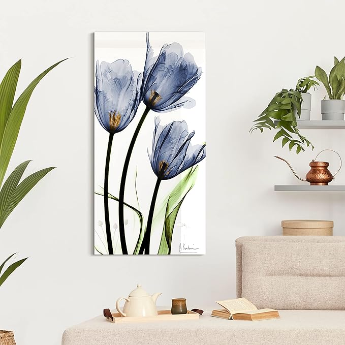Empire Art Direct Frameless Free Floating Tempered Glass Panel Graphic Wall Art Ready to Hang, 24" x 48", Three Blue Tulips, Flower wall art