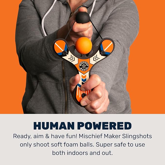 Mighty Fun! - Mischief Maker® Wooden Slingshot - Classic Series - Real Wood Slingshot for Kids, 4 Soft Foam Balls and Storage Bag - Ages 4+ (Orange)