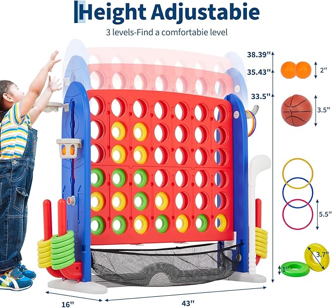 Giant 4 in a Row Game,Adjustable Height Board Jumbo 4-in-a-Row Game with Quick-Release Slider,Mini Basketball,Golf & Ring Toss Set for Family Party, Outdoor & Indoor
