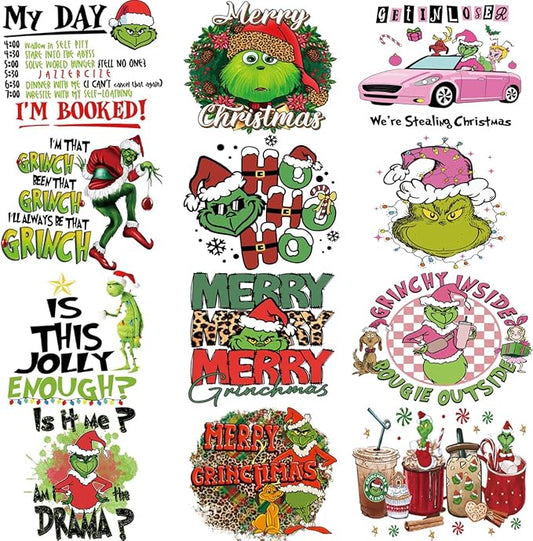 Christmas Iron on Decals Transfer, Funny Christmas Heat Transfer Stickers Iron on Patches for Clothes T-Shirts Pillow Cover Hoody Bag Xmas DIY Craft Supplies Vinyl Stickers (12PC-A)