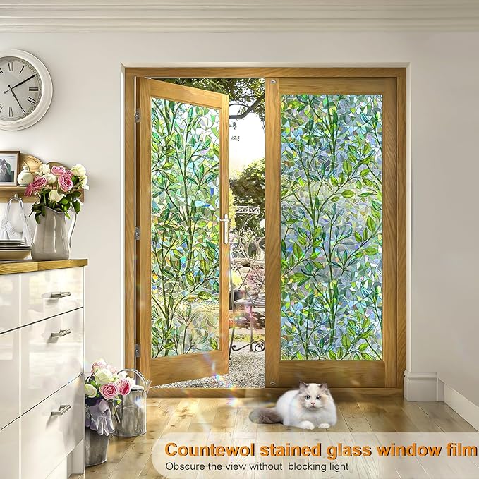Window Privacy Film Stain Glass Window Film Rainbow Window Film Window clings Non-Adhesive Reusable Decorative for Room (Leaf Rainbow, 45.2 x 78.7 in)