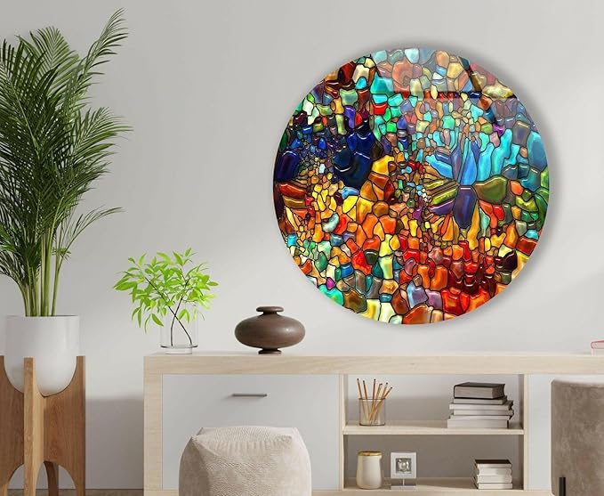 My Photostation.com 10''(25cm) Diameter Red Mosaic Round Glass Wall Art Tempered Glass Printing Wall Decor Large Wall Art Wall Hangings