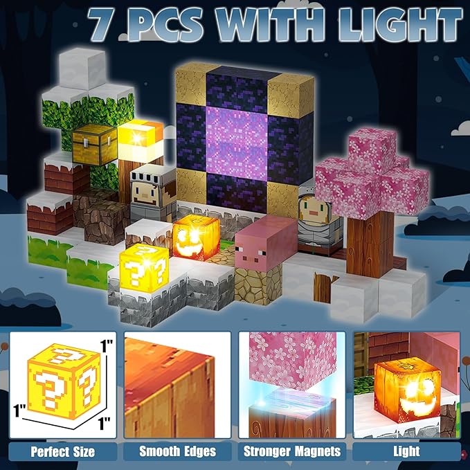 Magnetic Blocks, Magnetic Building Blocks Construction Toys STEM Montessori Sensory Toys, Magnet Cubes with Light Blocks, Stacking Toy Christmas Birthday Gifts for Kids Boys Girls Age 3-4 4-8 8-12