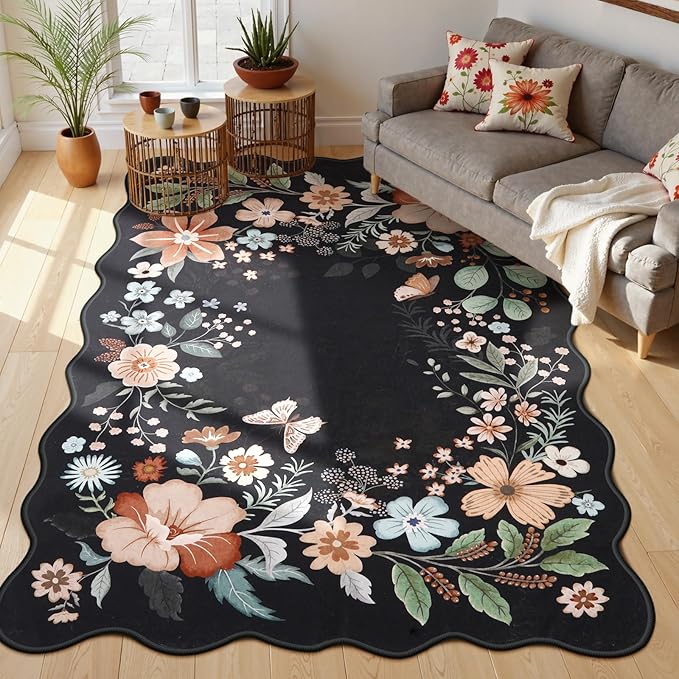 Beeiva 6x9 Rug for Living Room - Scalloped Floral Printed Bedroom Rug Machine Washable Area Rug Soft Area Rug Boho Ultra-Thin Stain Resistant Aesthetic Carpet for Playroom Dorm Office(Black,6x9ft)