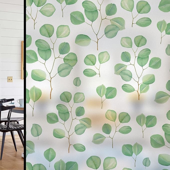 DKTIE Retro Leaves Pattern Two-Way Window Film Privacy Day and Night Window Privacy Film Decorative Stained Glass Window Clings for Birds (S222, 17.7" x 78.7")