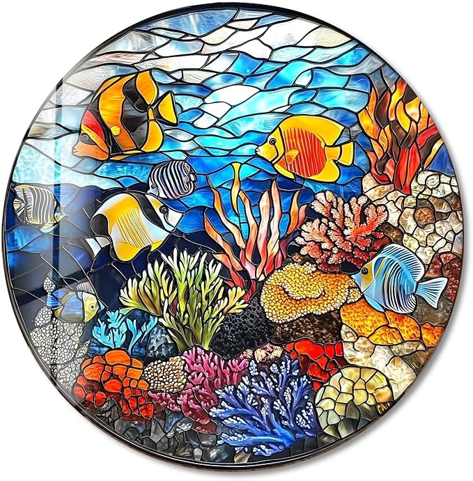 My Photostation.com 20''(50cm) Diameter Coral Reef Mosaic Round Glass Wall Art Tempered Glass Printing Wall Decor Large Wall Art Wall Hangings