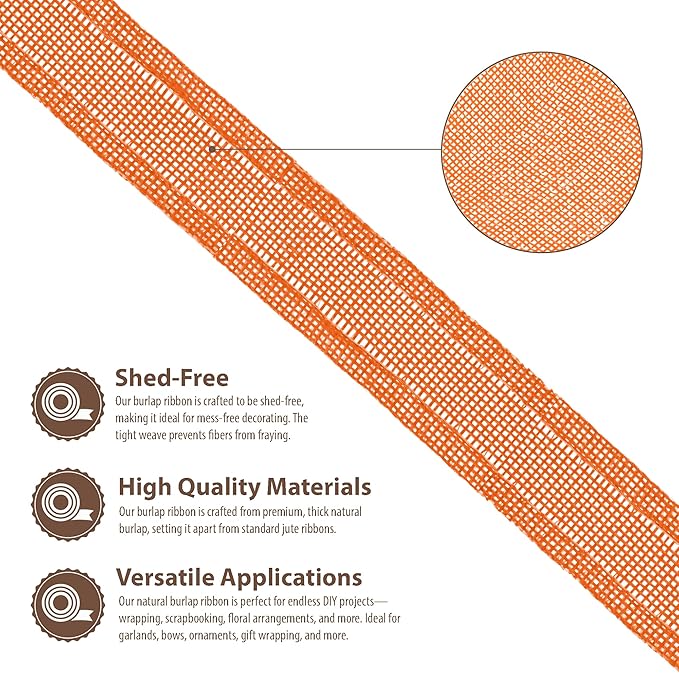 Mandala Crafts Orange Burlap Wired Ribbon 1 Inches Wide Jute Ribbons for Crafts - 10 Yds Roll Rustic Burlap Wrap Trim Ribbons for Wreaths Bows Party Decoration