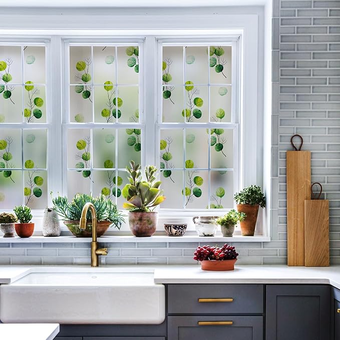 DKTIE Eucalyptus Leaves Stained Glass Window Film with Installation Tools, INS Style Window Privacy Film Decorative, Nordic Style for Home Decor (S541, 35.4'' x 78.7'')