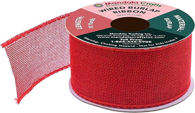 Mandala Crafts Red Burlap Wired Ribbon 2 Inches Wide Jute Ribbons for Crafts - 10 Yds Roll Rustic Burlap Wrap Trim Ribbons for Wreaths Bows Party Decoration