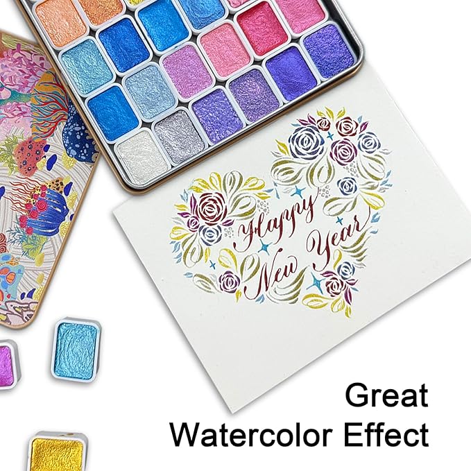 Mini Shifting Watercolor Paint Set, 30 Color Glitter Watercolor Painting Kit, Metallic Watercolor Paints, Solid Water Colors Paint Adult Set, Detail Paint Brush Included, for Artists