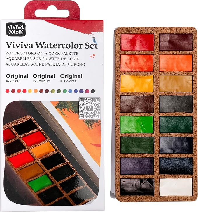 Viviva Colors Travel Watercolor Paint Set - Original 16 Watercolor Paints for Adults, Beginners, Artists, Hobbyists - Lightfast, Vibrant, Handmade & Portable Watercolor Kit with Mixing Palette