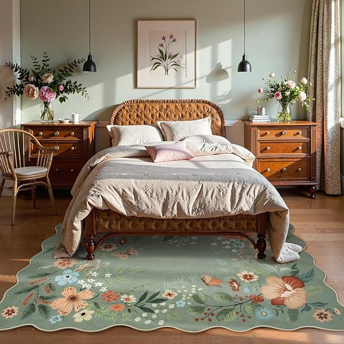 Beeiva Washable Rugs 5x7 - Scalloped Floral Printed Soft Non Slip Green Rug for Bedroom Under Bed Boho Living Room Rugs Ultra-Thin Low Pile Carpet for Playroom Dining Room Dorm(Green,5x7ft)