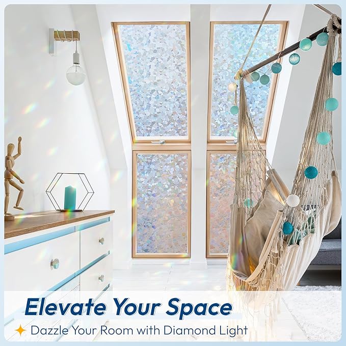 rabbitgoo Rainbow Window Privacy Film Decorative Stained Glass Diamond Pattern Window Sticker with Iridescent Tint Non-Adhesive Static Cling for Home Office Crystal Pattern, 35.4 x 157.4 inch