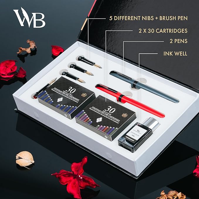 Wordsworth and Black Calligraphy Pen Set - Grey - Includes 2 Calligraphy Pens, 18 ML Ink Bottle, 60 Ink Cartridges, Ink Refill Converter, 1 Medium and 4 Broad Nibs, Brush Pen