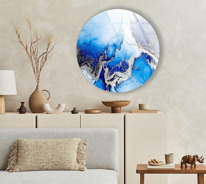 My Photostation.com 10''(25cm) Diameter Blue Marble Round with Silver Details Glass Wall Art Tempered Glass Printing Wall Decor Large Wall Art Wall Hangings