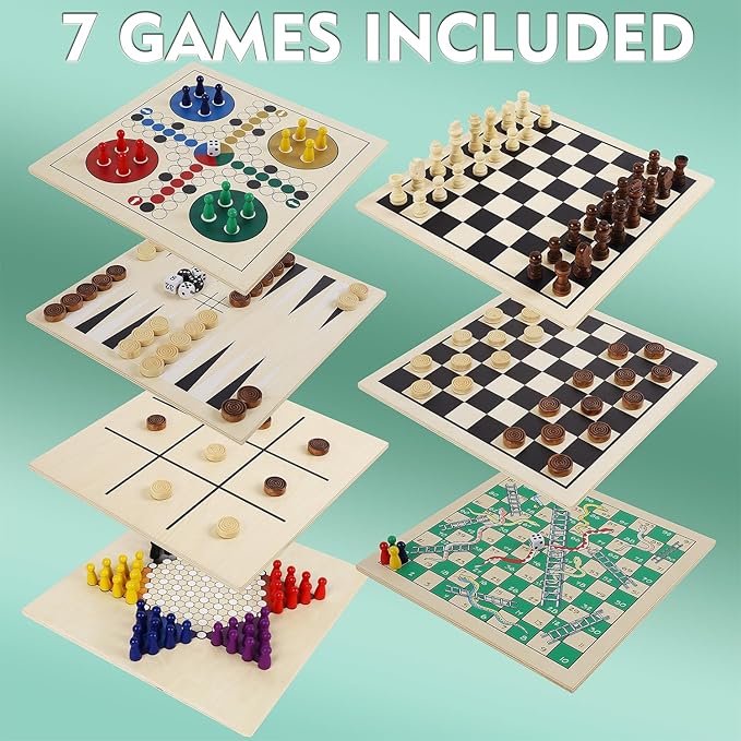 Juegoal 7-in-1 Wooden Board Game Set for Kids Adults, Tabletop Combo Classic Travel Portable Board Games (Chess, Checkers, Chinese Checkers, Backgammon, Parcheesi, Snakes and Ladders, Tic Tac Toe)