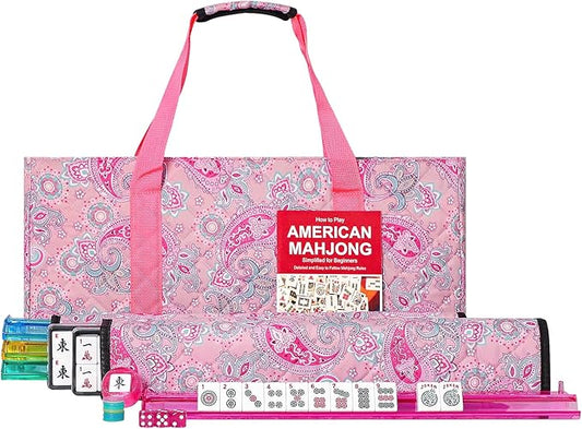 American Mahjong Game Set, 166 White Tiles, 4 All-in-One Color Rack/Pushers, Complete Mahjong Set with Pink Printed Carrying Bag