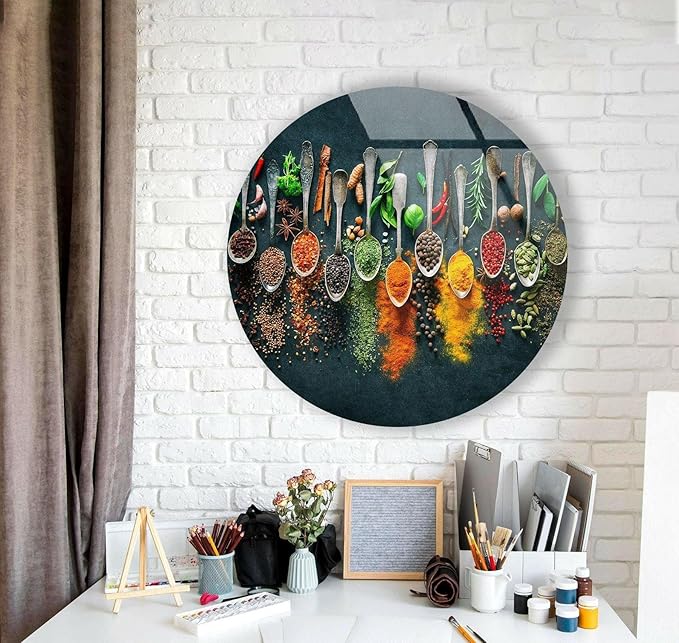 My Photostation.com 39,4''(100cm) Diameter Colorful Herbs Round Glass Wall Art Tempered Glass Printing Wall Decor Large Wall Art Wall Hangings
