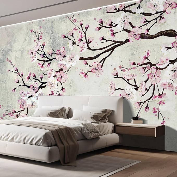 wall26 Wall Sticker/Wall Mural Watercolor Style Ink Painting Pink Cherry Blossom on Vintage, Not Peel and Stick, Non-Woven Wallpaper Decorative for Bedroom, Living Room, Office - 108x168 inches