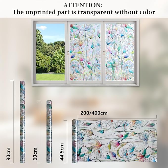 Donox Decorative Window Privacy Film, 3D Floral Stained Glass Window Film Static Cling Rainbow Privacy Sticker for Glass Door Heat Control Anti UV, No Adhesive (Magnolia,17.5 x 157.4 inches)