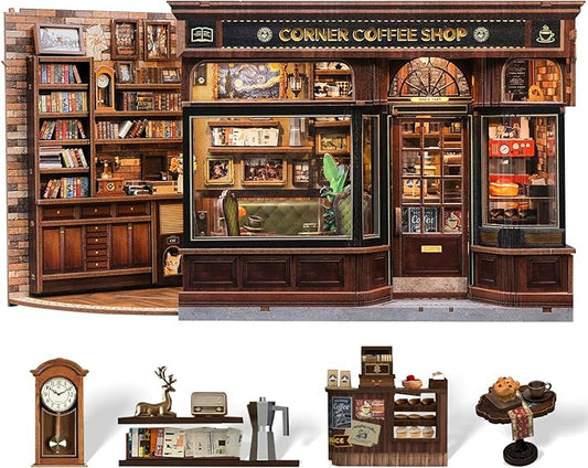 CUTEBEE Book Nook Kit - DIY Miniature House Coffee Shop Dollhouse Kit for Adults and Teens, Booknook Tiny House Bookshelf Decor 3D Wooden Puzzle, Gifts for Family, Friends (Corner Coffee Shop)