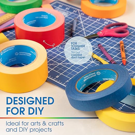 Spartan Industrial - 1" X 60 yd Blue Masking Tape - 12 Colored Tape Rolls for Bundling, Labeling, and More - No Residue, 5.5 Mil