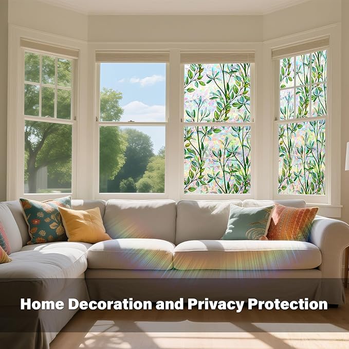 Donox Window Privacy Film, Leaf Rainbow Window Film Decorative Stained Glass Window Film, Anti-UV Sun Blocker Heat Control for Home, 17.5 Inch x 6.5 Feet (with Installation Tool)