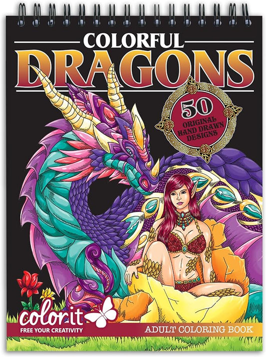 ColorIt Colorful Dragons Adult Coloring Book, Volume I - 50 Single-Sided Designs, Thick Smooth Paper, Lay Flat Hardback Covers, Spiral Bound, Dragon Coloring Pages