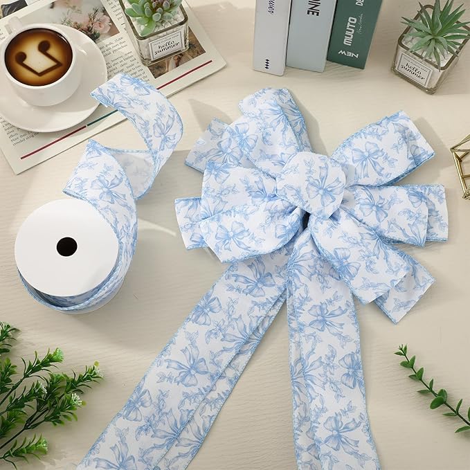 Blue Floral Bow Wired Edge Ribbon Chinoiserie Flower Bowknot Fabric Ribbon for DIY Crafts Wreath Bow Making Supplies, 12 Yard