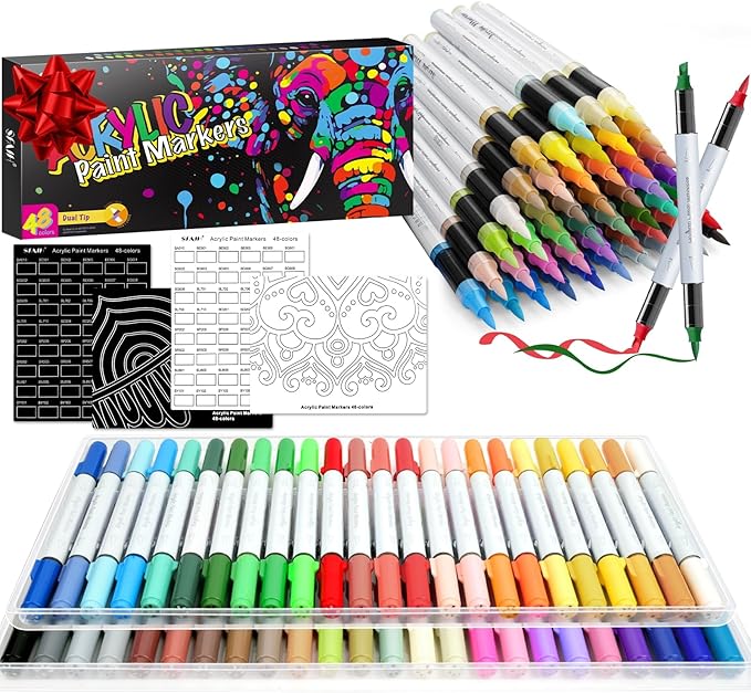 SFAIH Halloween Gifts Acrylic Paint Markers, 48 Colors Dual Tips Acrylic Brush Markers With Chisel Tip, Automatic Ink Control, Ultra-High Coverage, No Bleed Ink, Art Supplies for Rock, Canvas, Fabric