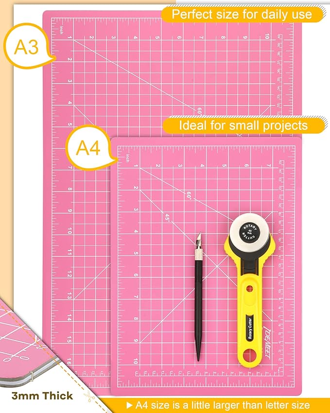 Density-upgraded 9"x12" Self Healing Cutting Mat, Idemeet Rotary Sewing Mat for Crafts, 5-Ply Blade Table Protector Cut Board for Fabric Leather Cutting Quilting Modeling Hobby Project, A4, Pink