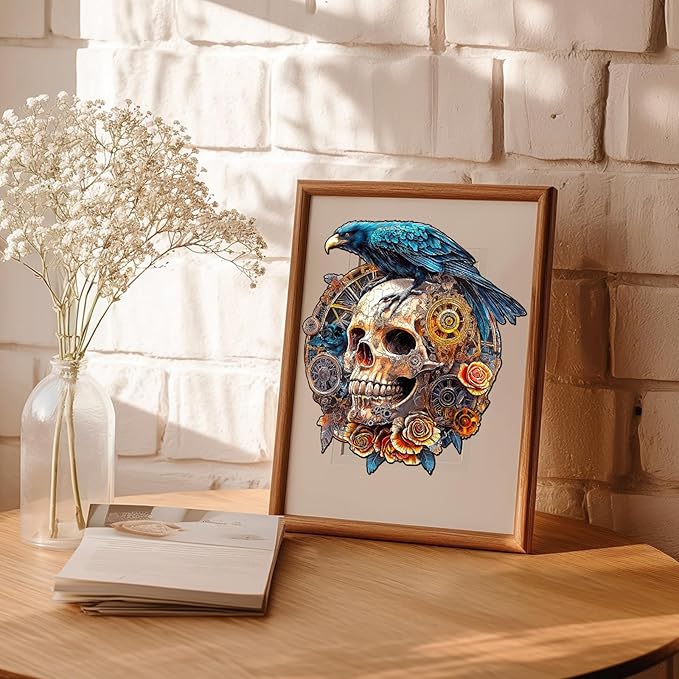 KAAYEE Wooden Puzzles for Adults, Raven & Mechanical Skull Wooden Jigsaw Puzzle 355 PCS Unique Shape Wood Puzzles Adult, 3D Visual Effect Flat Puzzle Birthday Gifts Family Games (XL-17.3 * 15.4in)