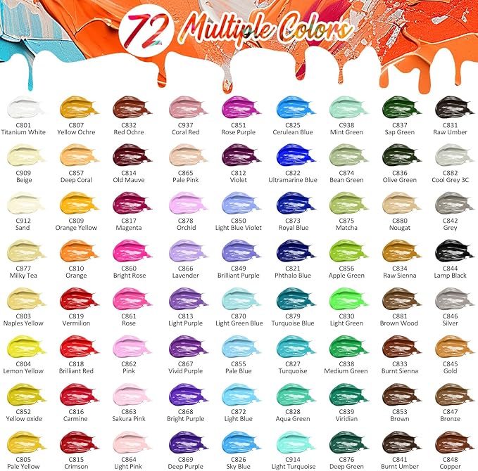 Caliart Acrylic Paint Set with 12 Brushes, 72 Colors (59ml, 2oz) Art Craft Paints Gifts for Artists Adults Beginners Painters, Halloween Pumpkin Canvas Ceramic Rock Painting Kit Art Supplies