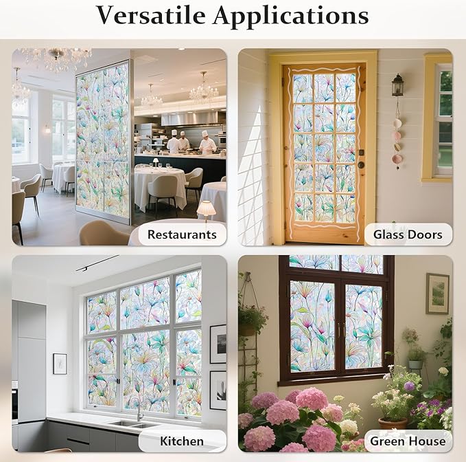 Donox Decorative Window Privacy Film, 3D Floral Stained Glass Window Film Static Cling Rainbow Privacy Sticker for Glass Door Heat Control Anti UV, No Adhesive (Magnolia,17.5 x 157.4 inches)