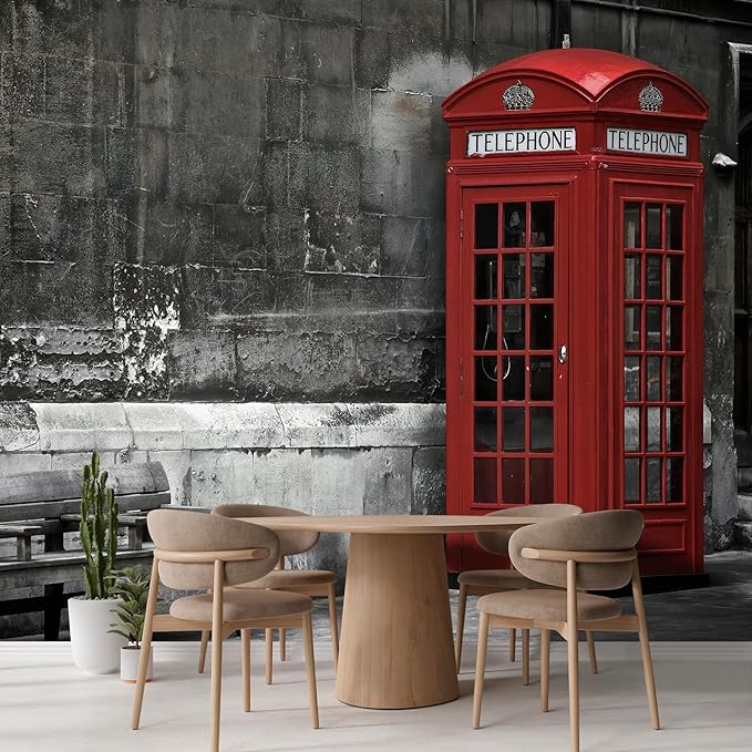 wall26 British Phone Booth in London, United Kingdom Removable Wall Mural | Self-Adhesive Large Wallpaper - 132x144 inches
