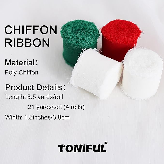 TONIFUL 4 Rolls Silk Chiffon Ribbon 1-1/2 Inch x 22 Yards, Red Green White Handmade Fringe Silk Ribbon for Gift Wrapping Flowral Bouquets Crafts Halloween Christmas Wreath Tree and Party Decoration