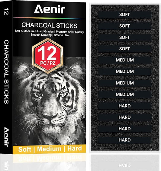 Compressed Charcoal Sticks Set of 12 – Soft, Medium, Hard Charcoal for Drawing, Sketching & Shading – Art Supplies for Artists, Beginners & Adults