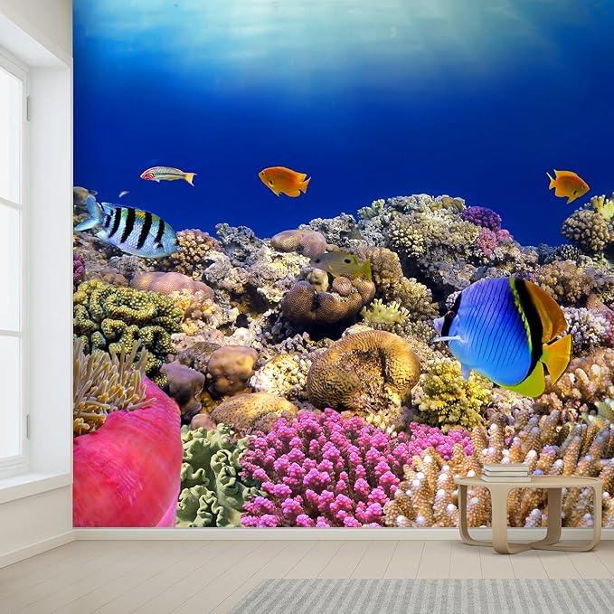 wall26 Removable Wall Sticker/Wall Mural Tropical Blue Fish Coral Reef Ocean Seascape Nature Wilderness Photography Nautical Landscape Decorative for Living Room, Bedroom, Office - 120x144 inches