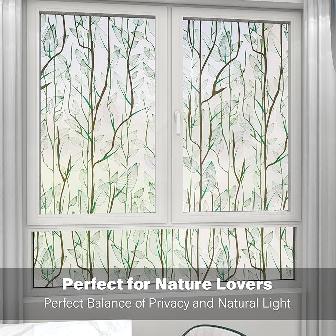 Donox Frosted Glass Window Film Heat Control UV Blocking, Static Cling Reusable Home Bathroom Door Window Privacy Film, Green Leaf Pattern Window Covering with Installation Tool, 23.6 in x 13.1 feet
